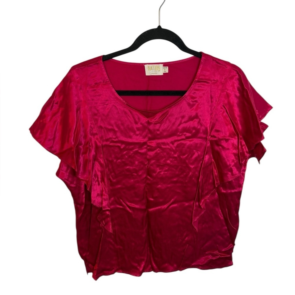 Nation LTD Hot Pink Satin V-Neck Flutter Sleeve Blouse